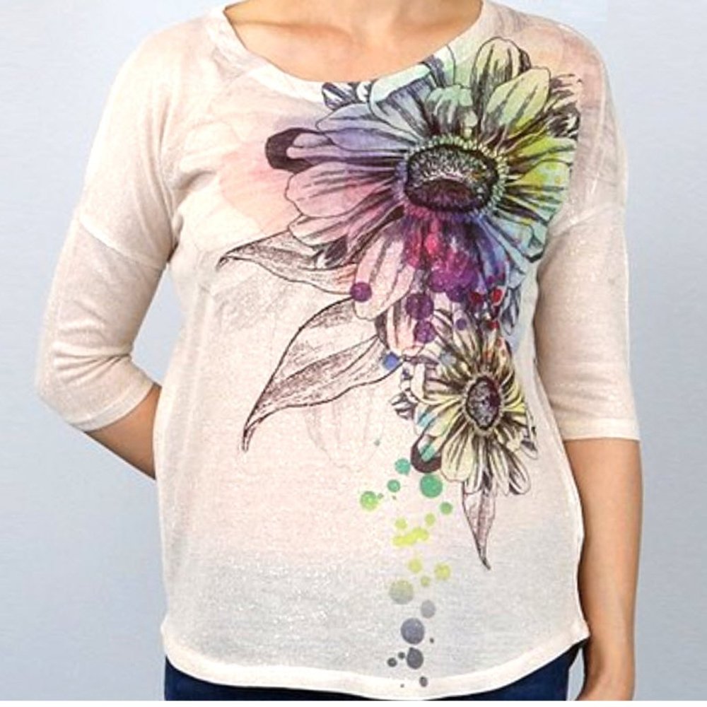 Barcode Apparel Gold Watercolor Rainbow Floral Top